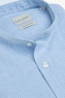 Camicia coreana a righe misto lino celeste