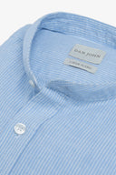 Camicia coreana a righe misto lino celeste