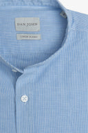 Camicia coreana a righe misto lino celeste