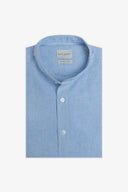 Camicia coreana a righe misto lino celeste
